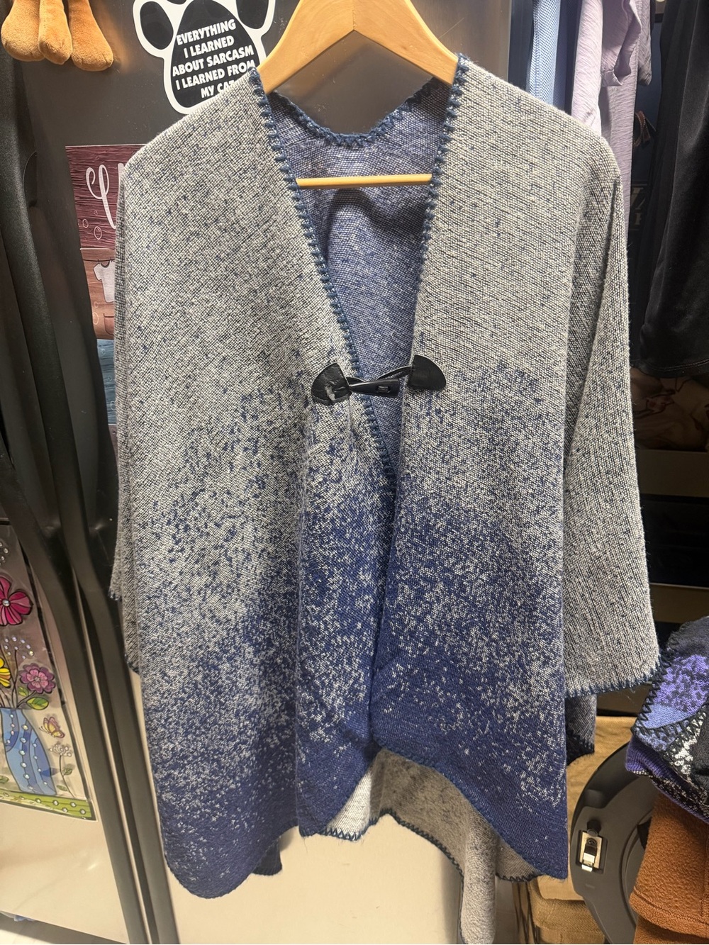 Open-Front Blue and Gray Ombre Knit Poncho